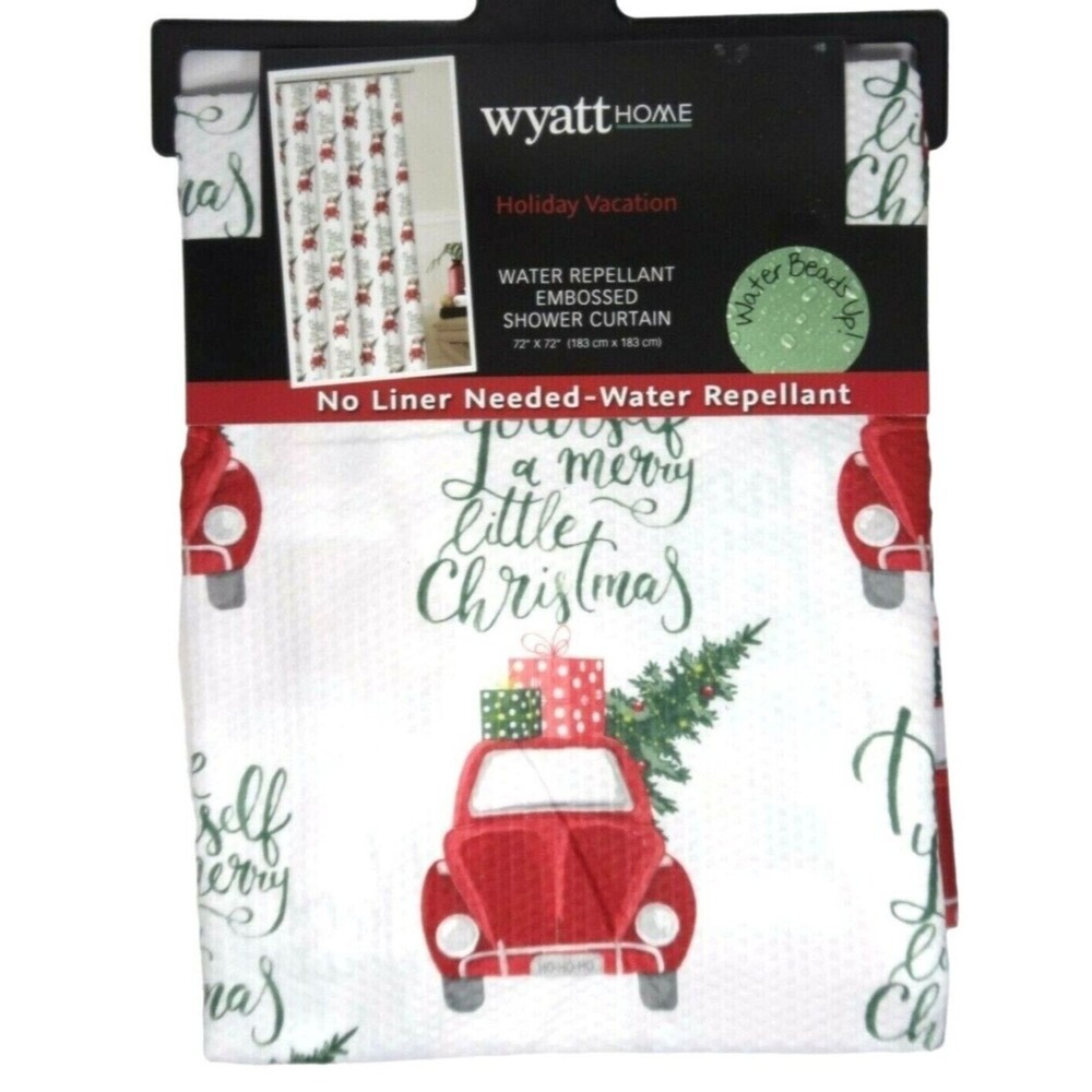 Volkswagen Beetle Car Shower Curtain Christmas Tree Fabric Red Green White Bath